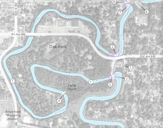 This is what the Oak Park now-dead loop would look like with a revised design. The culverts at each end would be replaced with a people-passable structure that could be closed to serve flood protection.